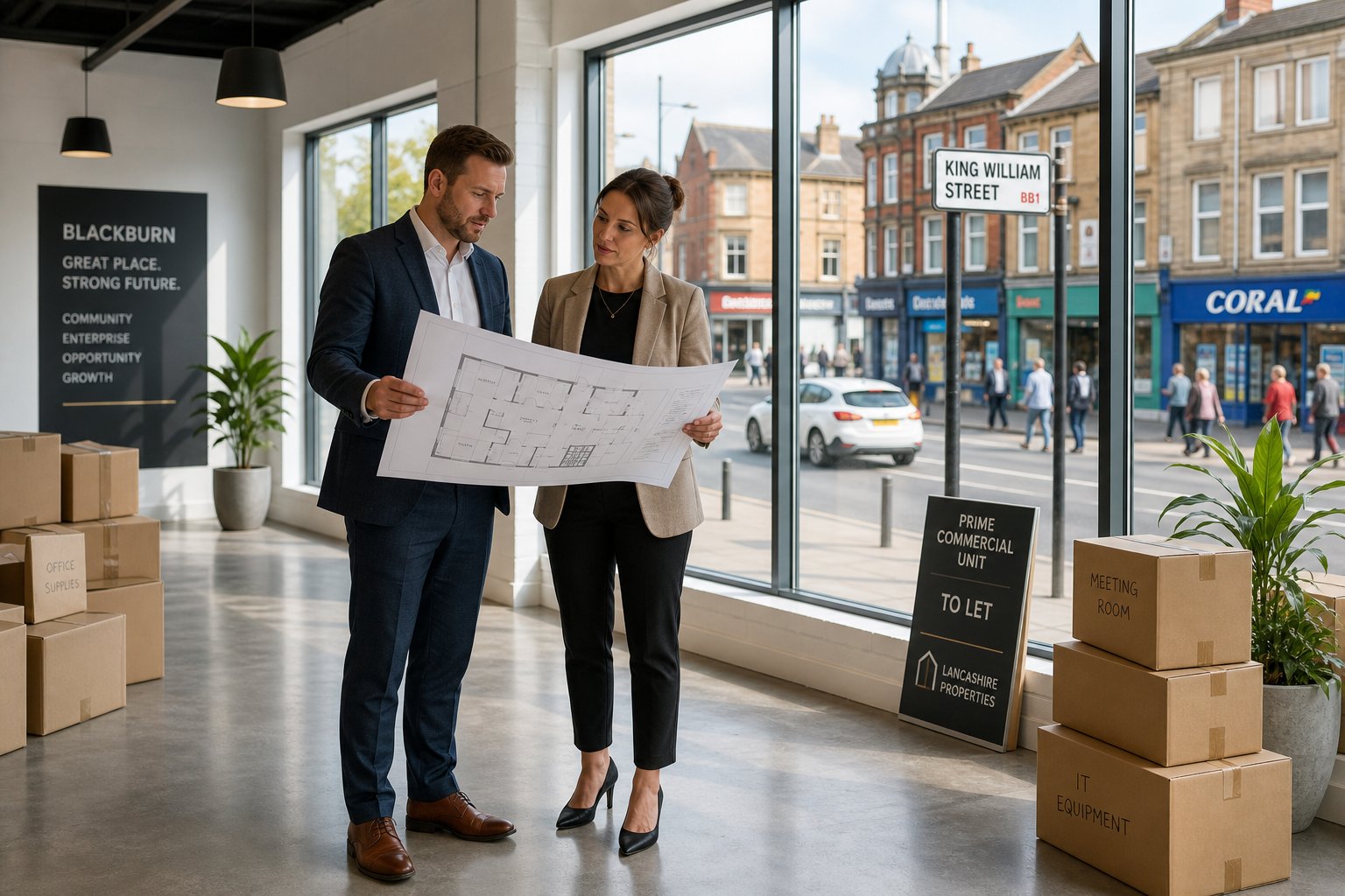 Business owner and adviser reviewing plans inside a modern commercial property in Blackburn with moving boxes and natural light.
