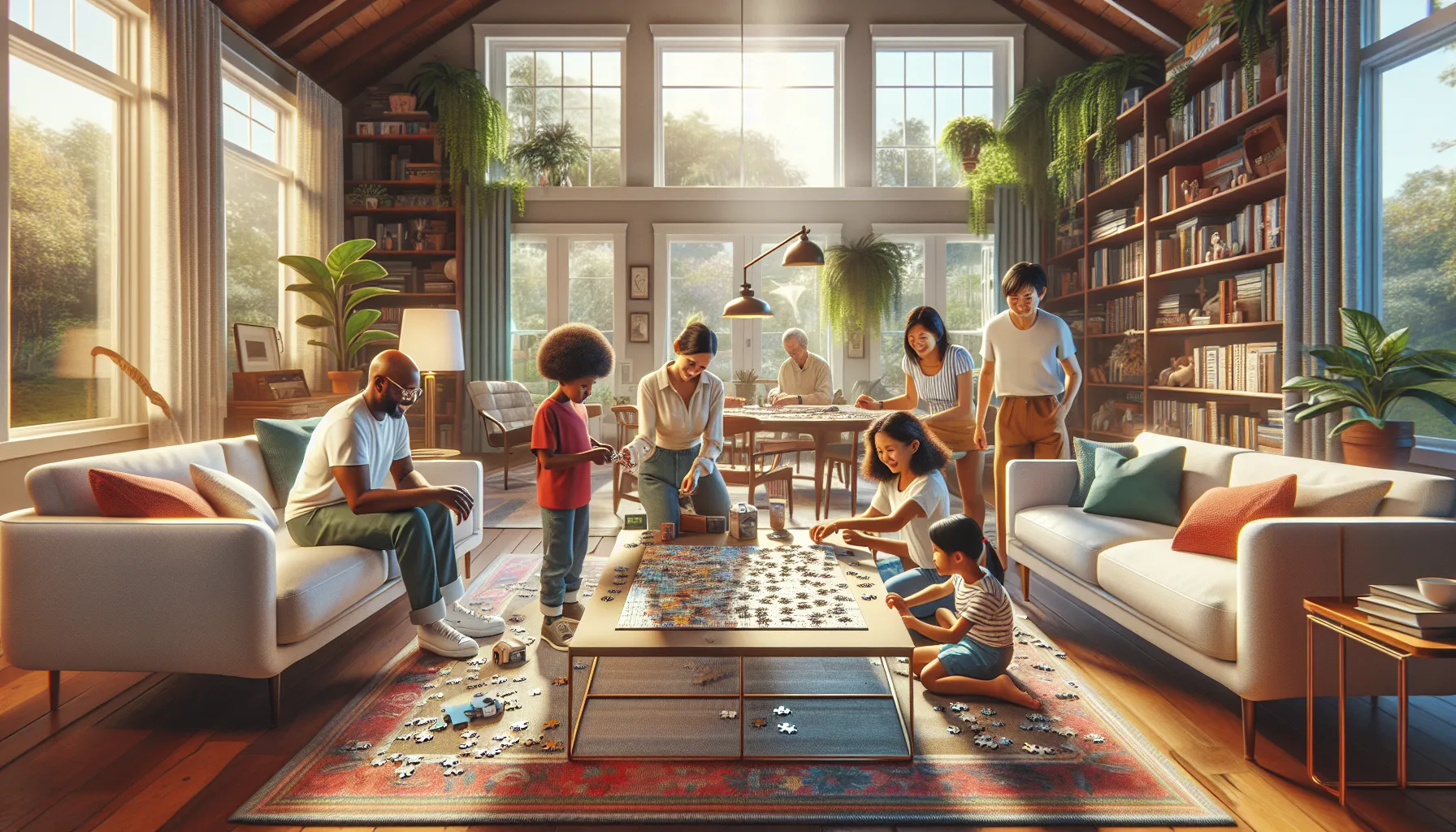 family assembling a 300-piece puzzle in a cozy living room.