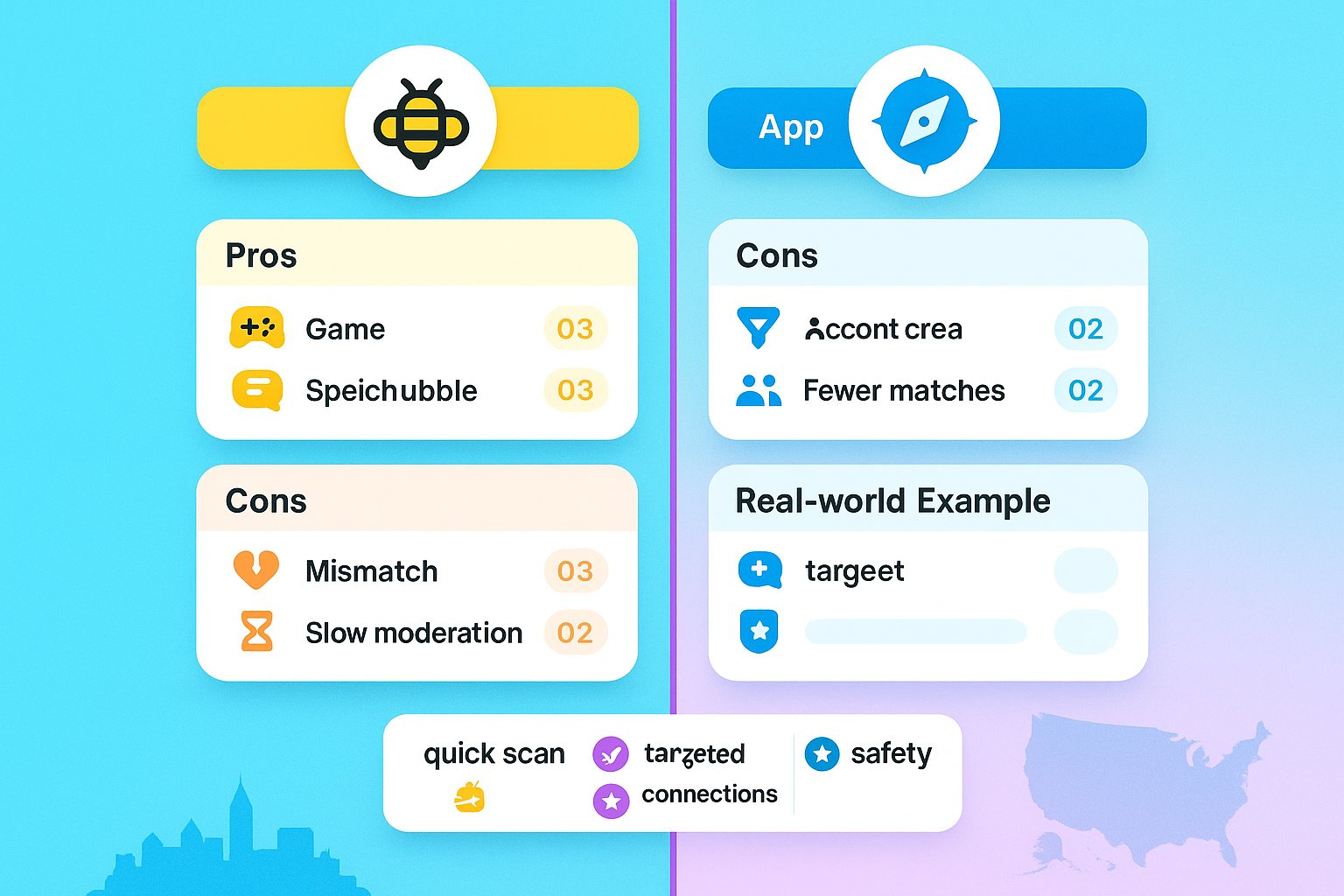 Two-column visual comparison of FlirtBees and Flirtify features and examples.