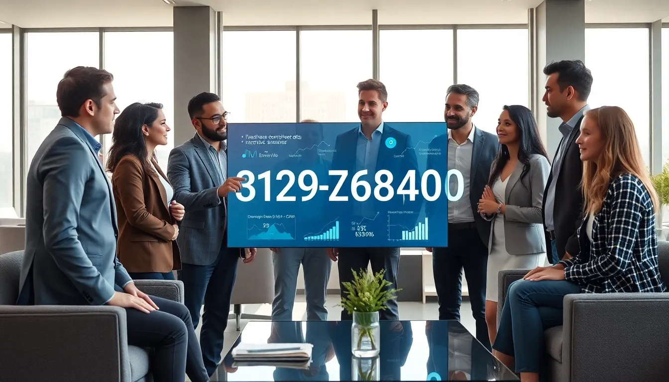 team discussing the implications of the number 3129268400 in a modern office.