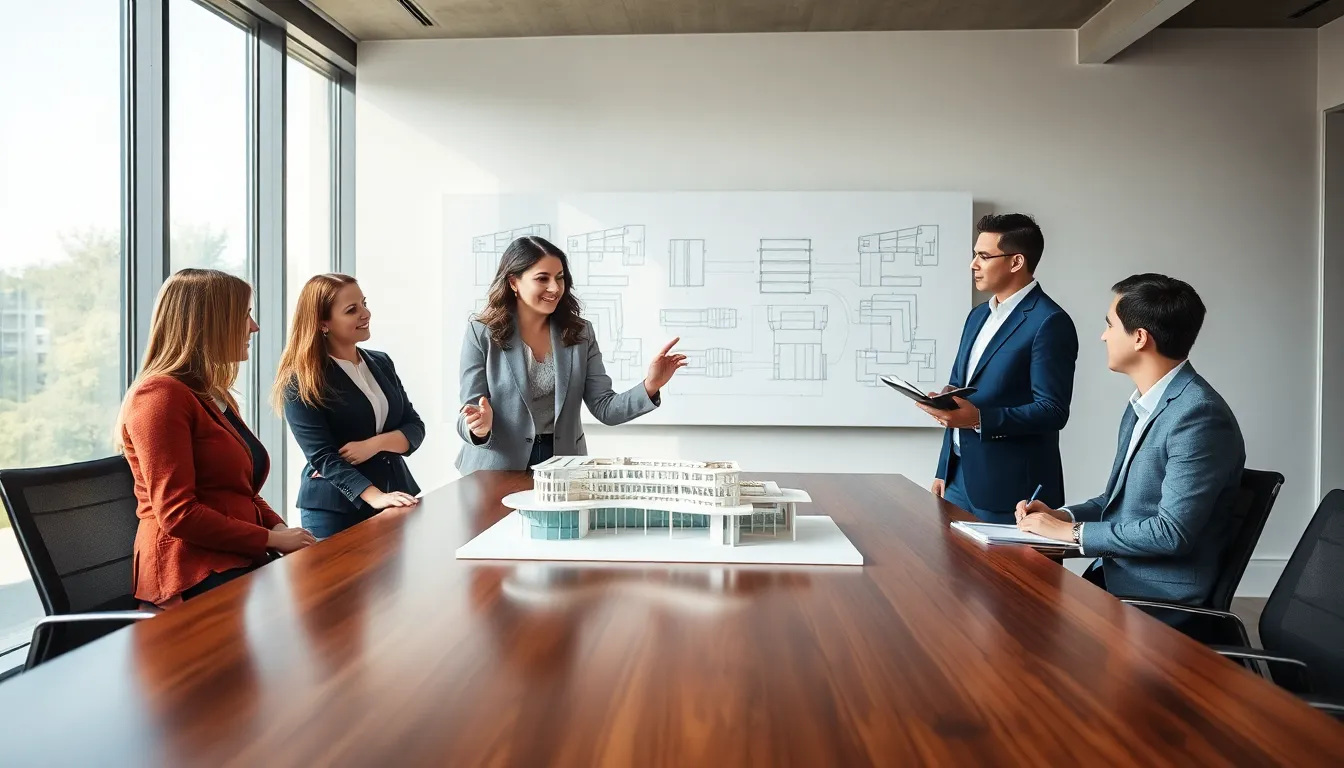 diverse team collaborating in a modern architectural office.