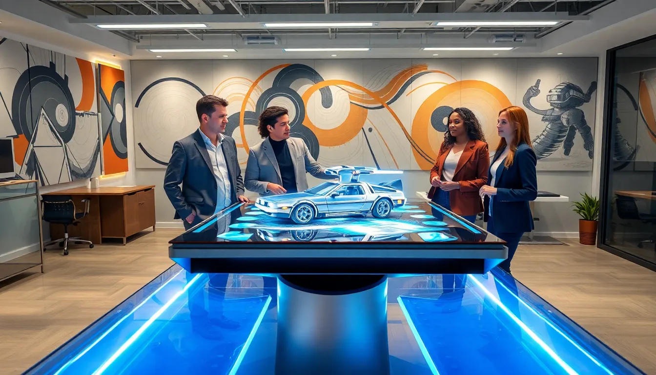 diverse team exploring *Back to the Future* predictions in a modern office.