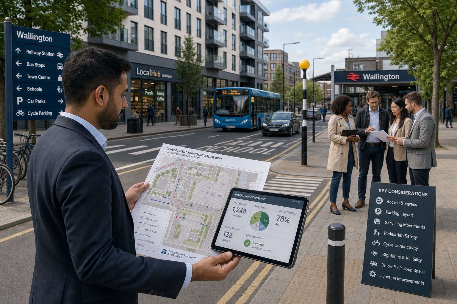 Traffic engineer assessing development access and parking on a busy Wallington street.