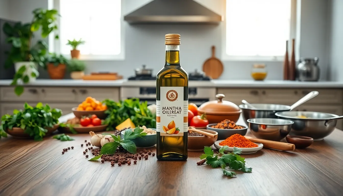bottle of Mantha Oilreat with culinary ingredients in a modern kitchen.