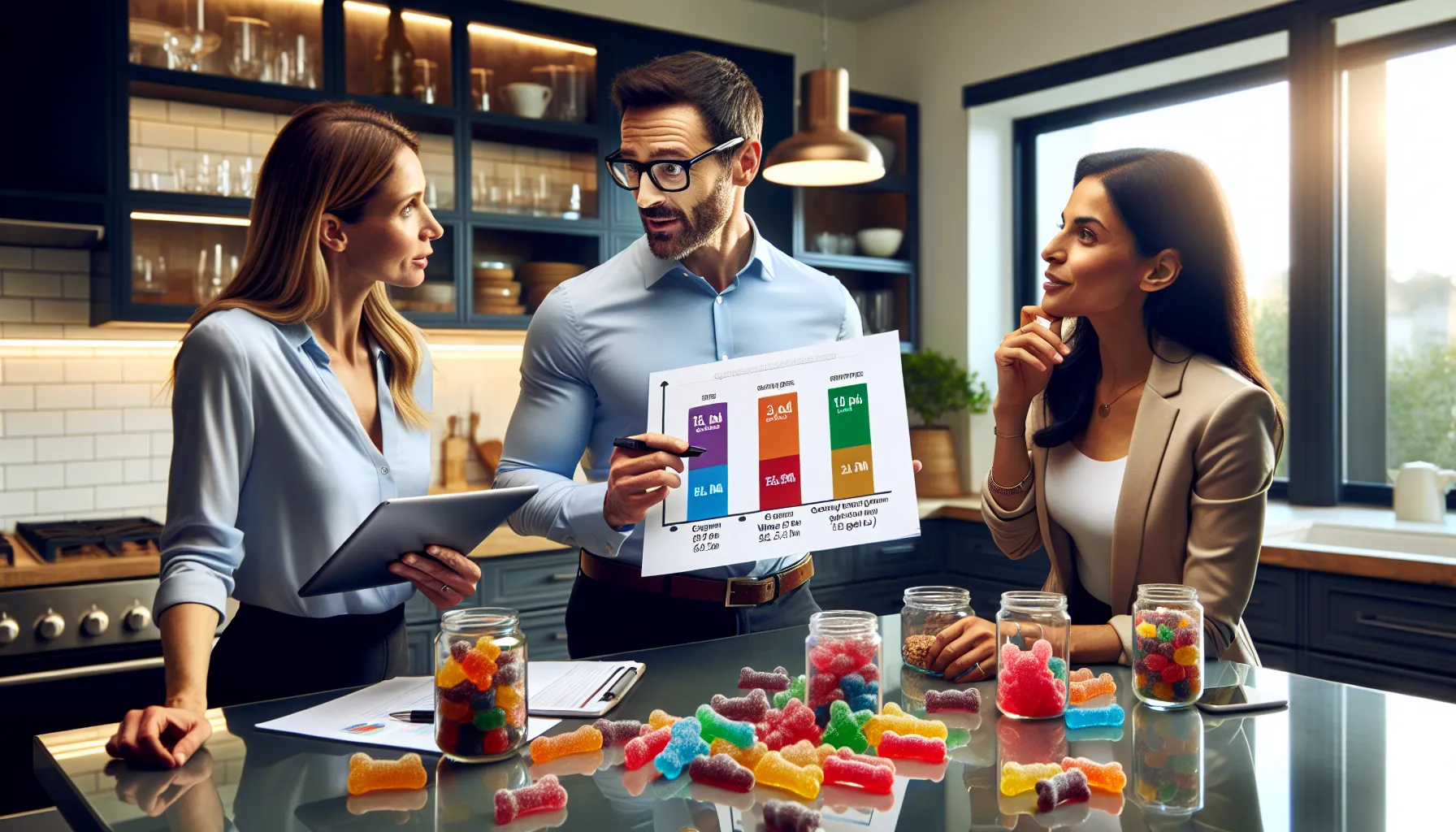 professionals discussing gummy bears' nutrition in a modern kitchen.