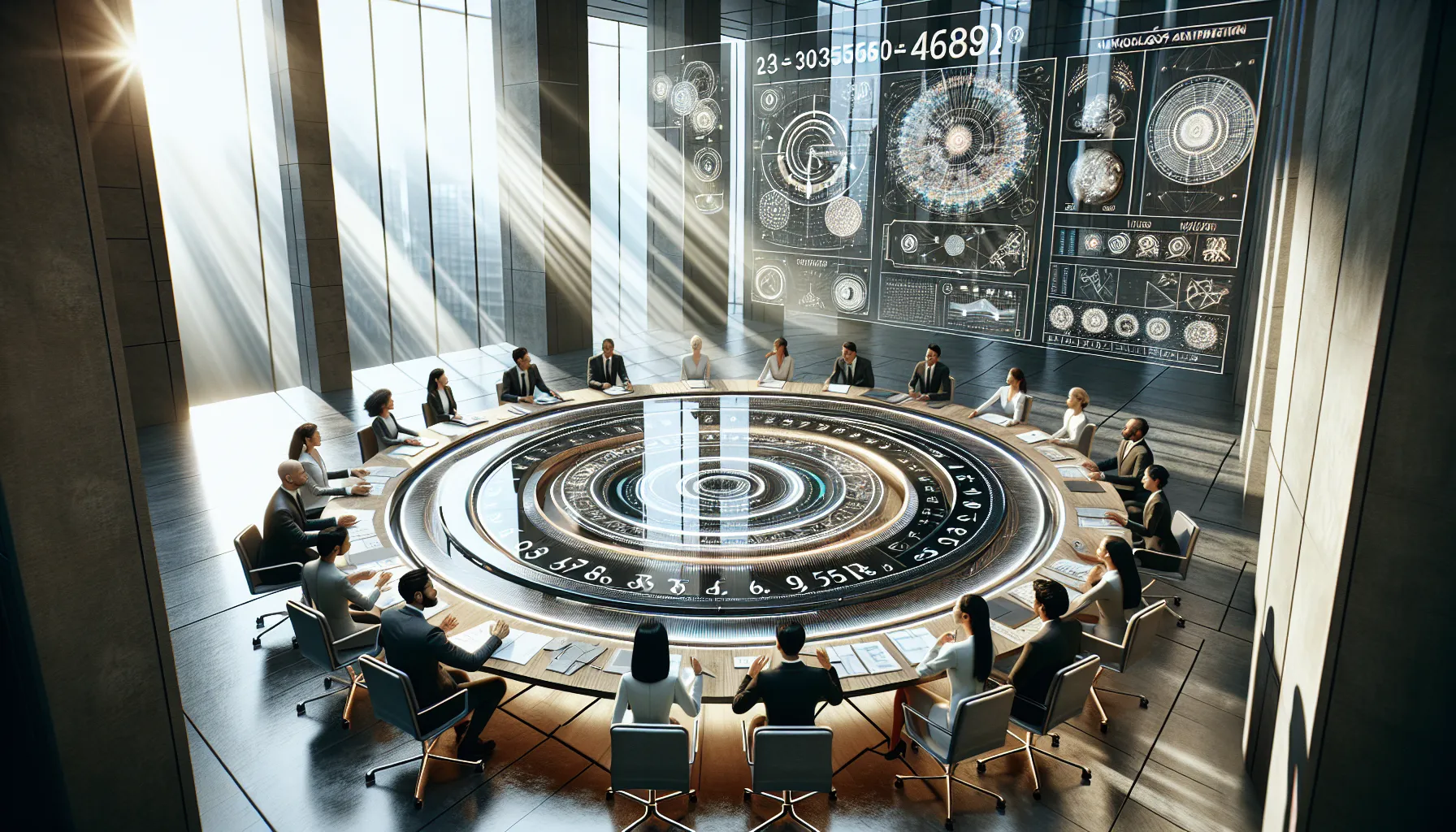professionals discussing numerology in a modern office setting.