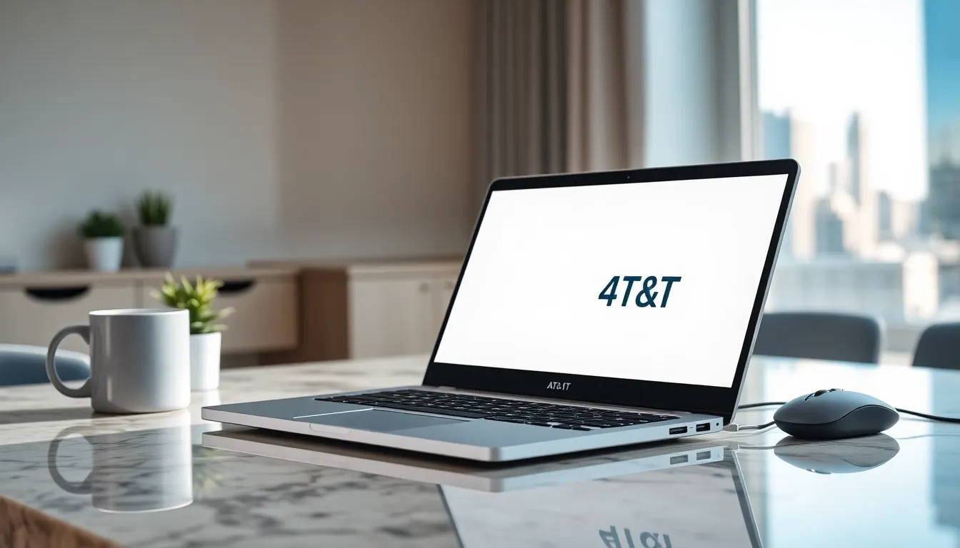 sleek AT&T laptop in a modern home office setting.