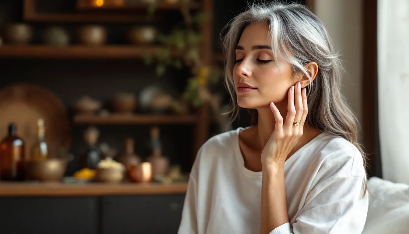 Woman gently touching her cheek in morning light during an Ayurvedic skincare ritual.