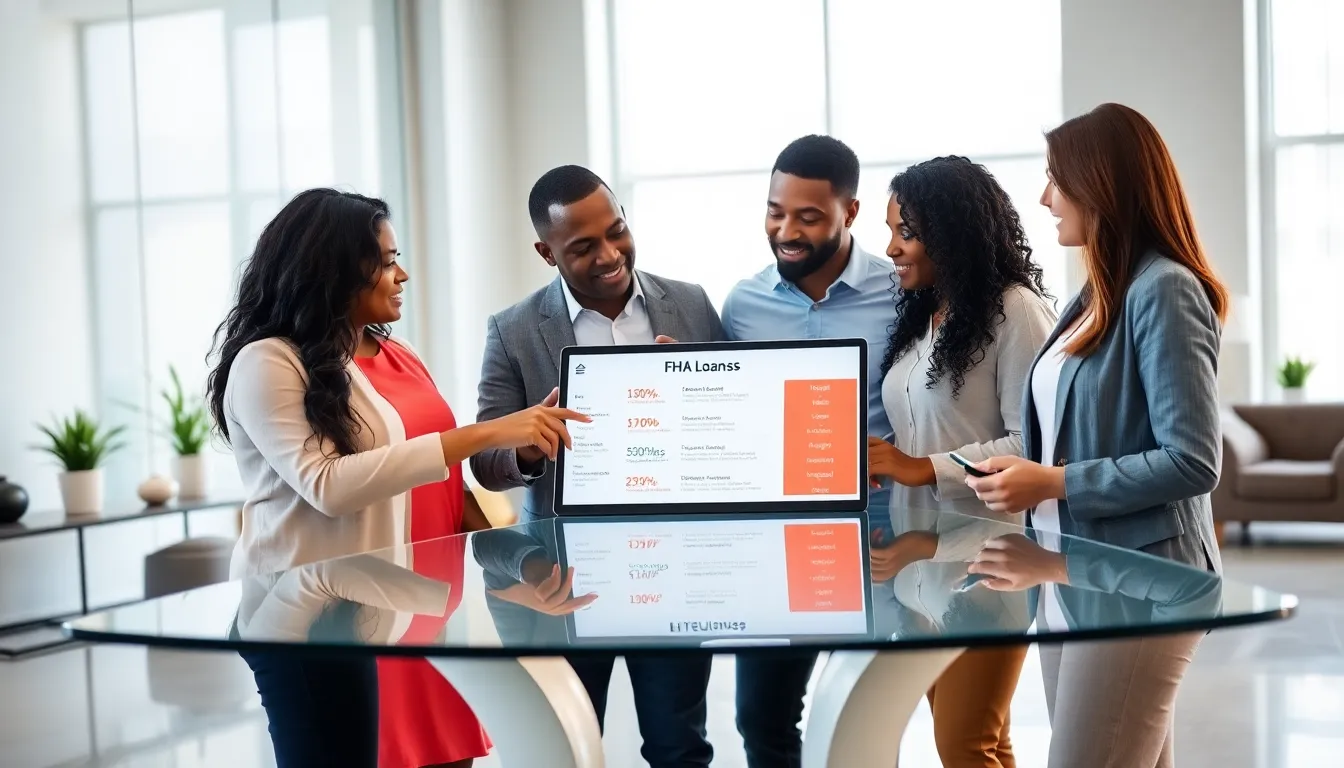 diverse team discussing FHA loans in a modern office.