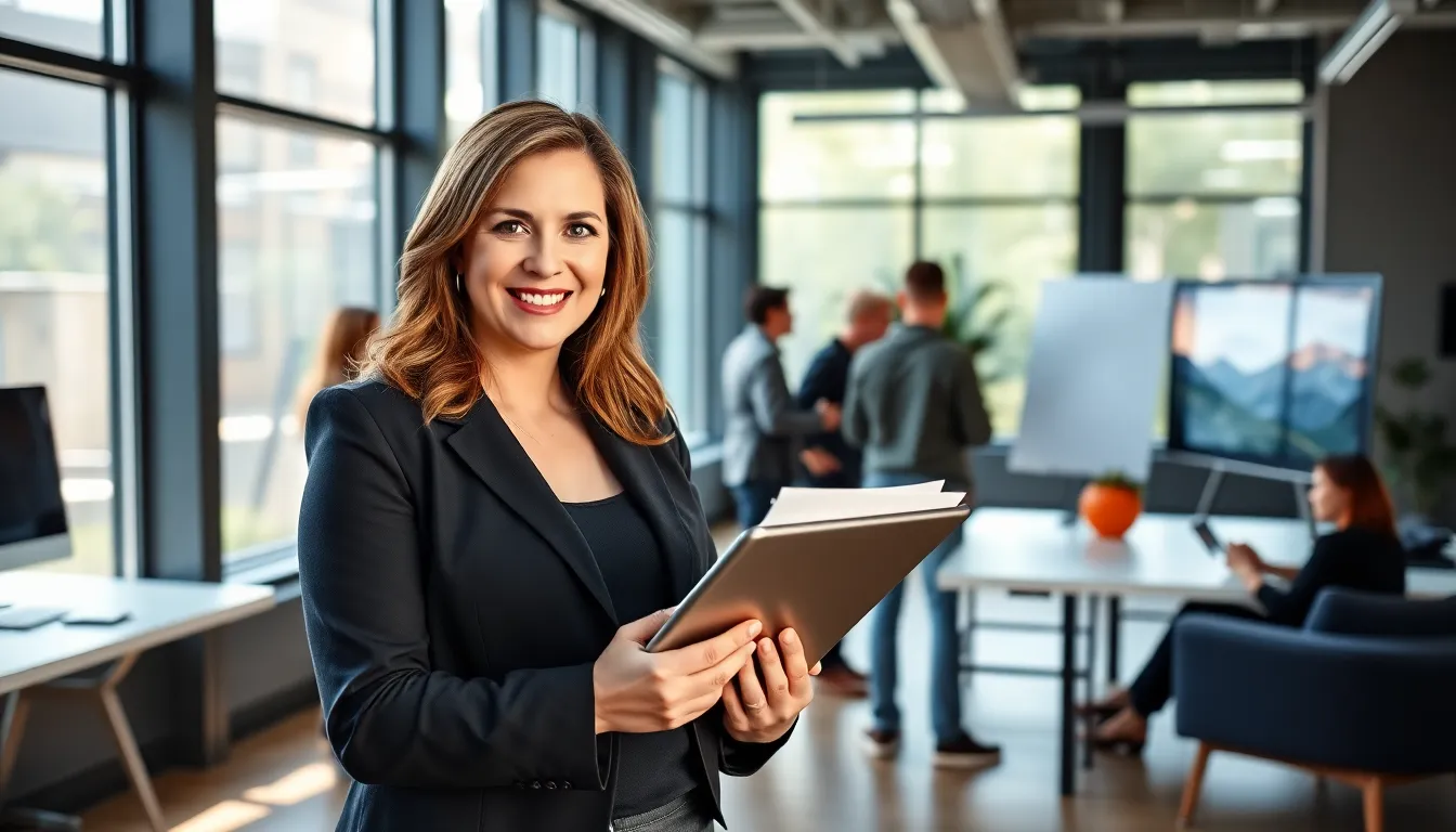 Stacy Klinger in a modern office, embodying leadership and innovation.
