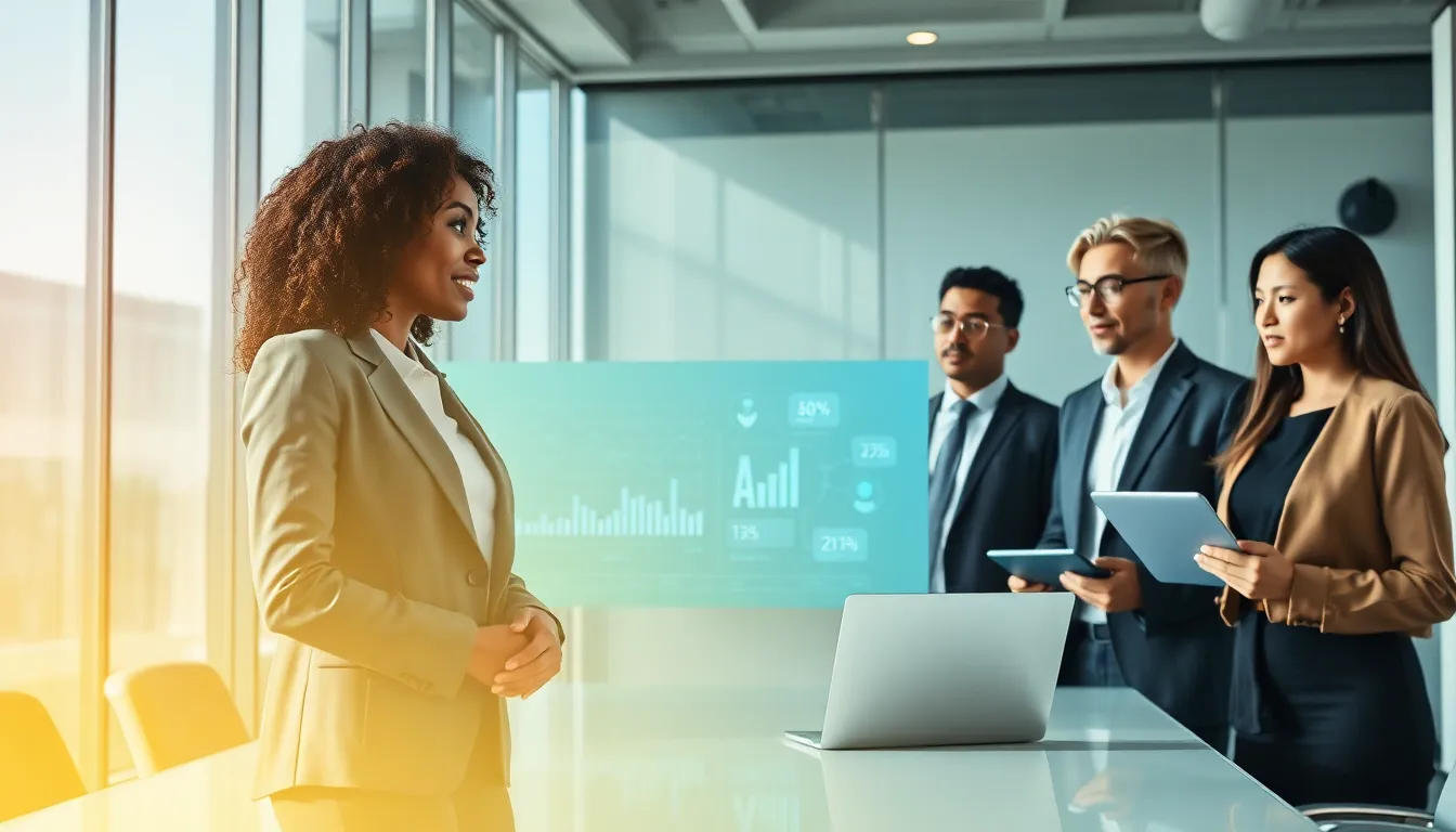 diverse team discussing artificial intelligence in a modern office.