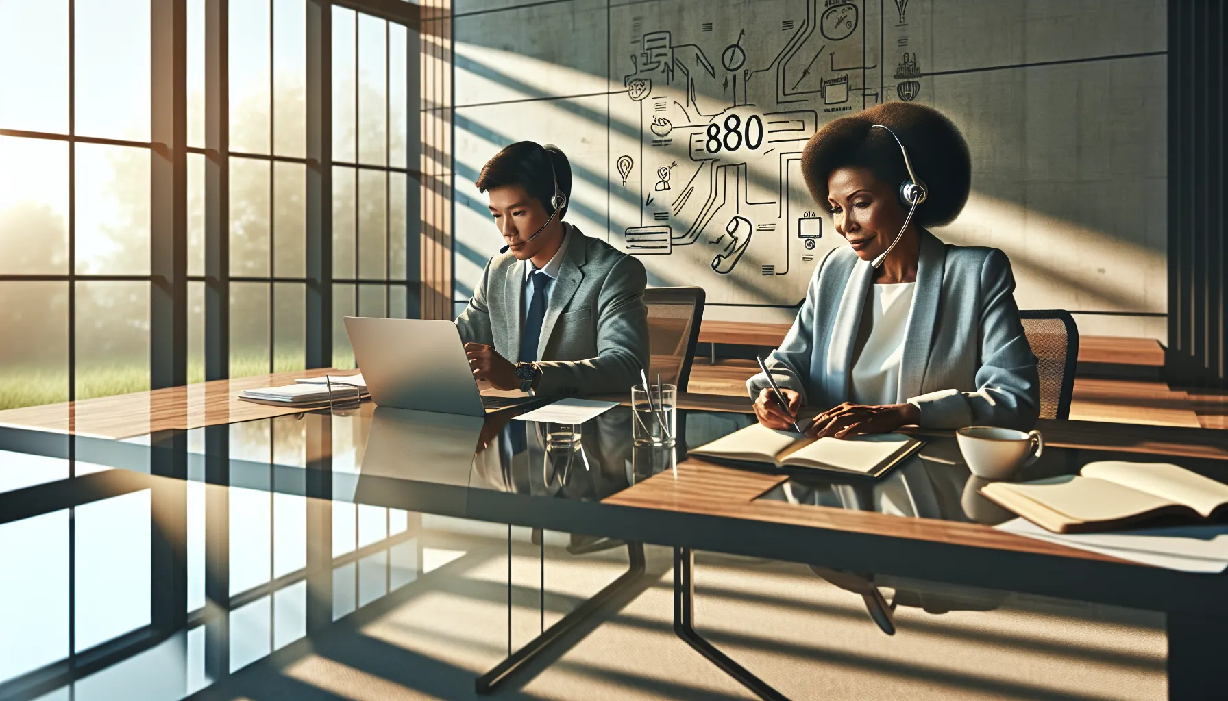 diverse team in a modern office discussing 800 numbers on a video call.