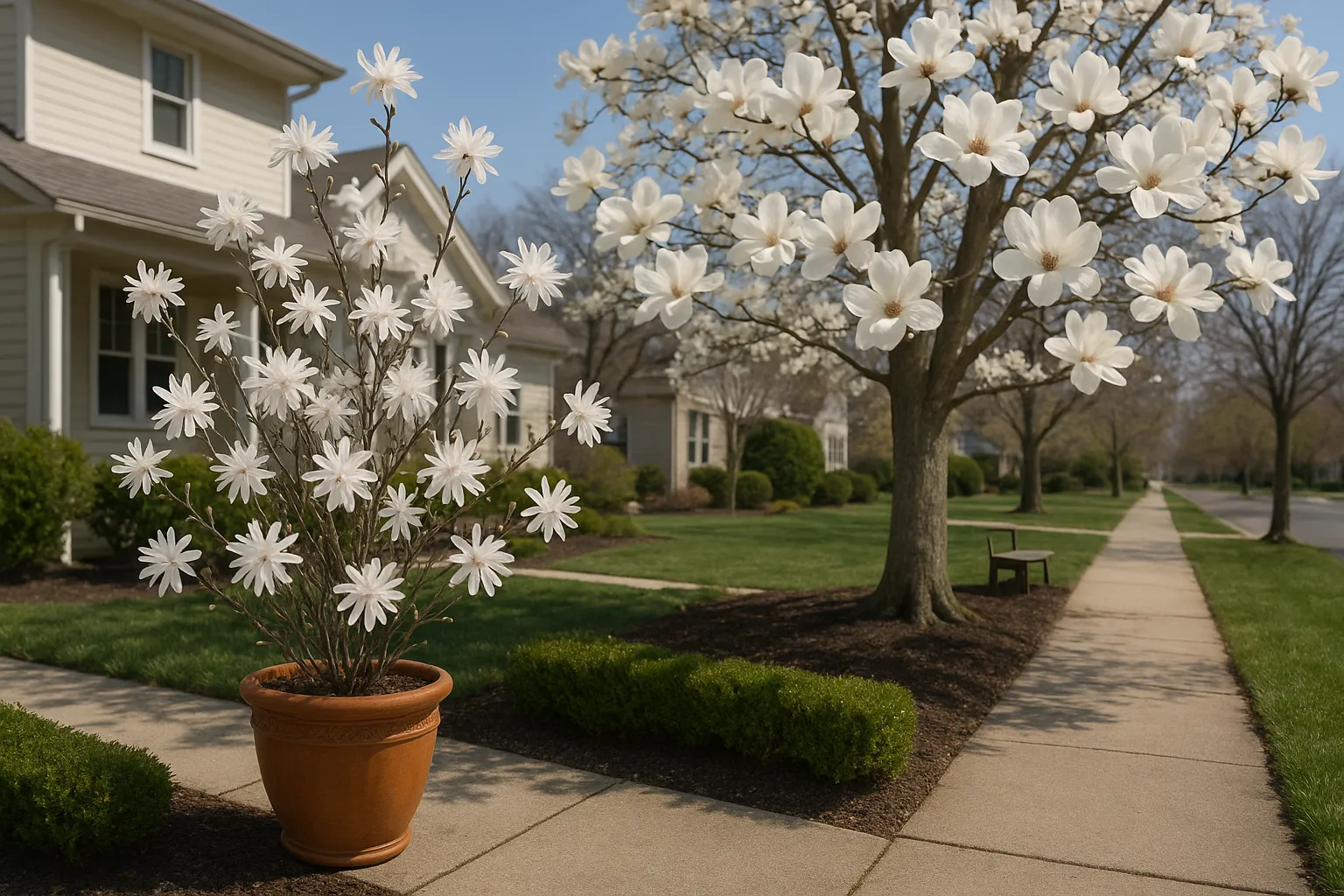 Magnolia stellata shrub in container beside larger Magnolia kobus tree in spring.