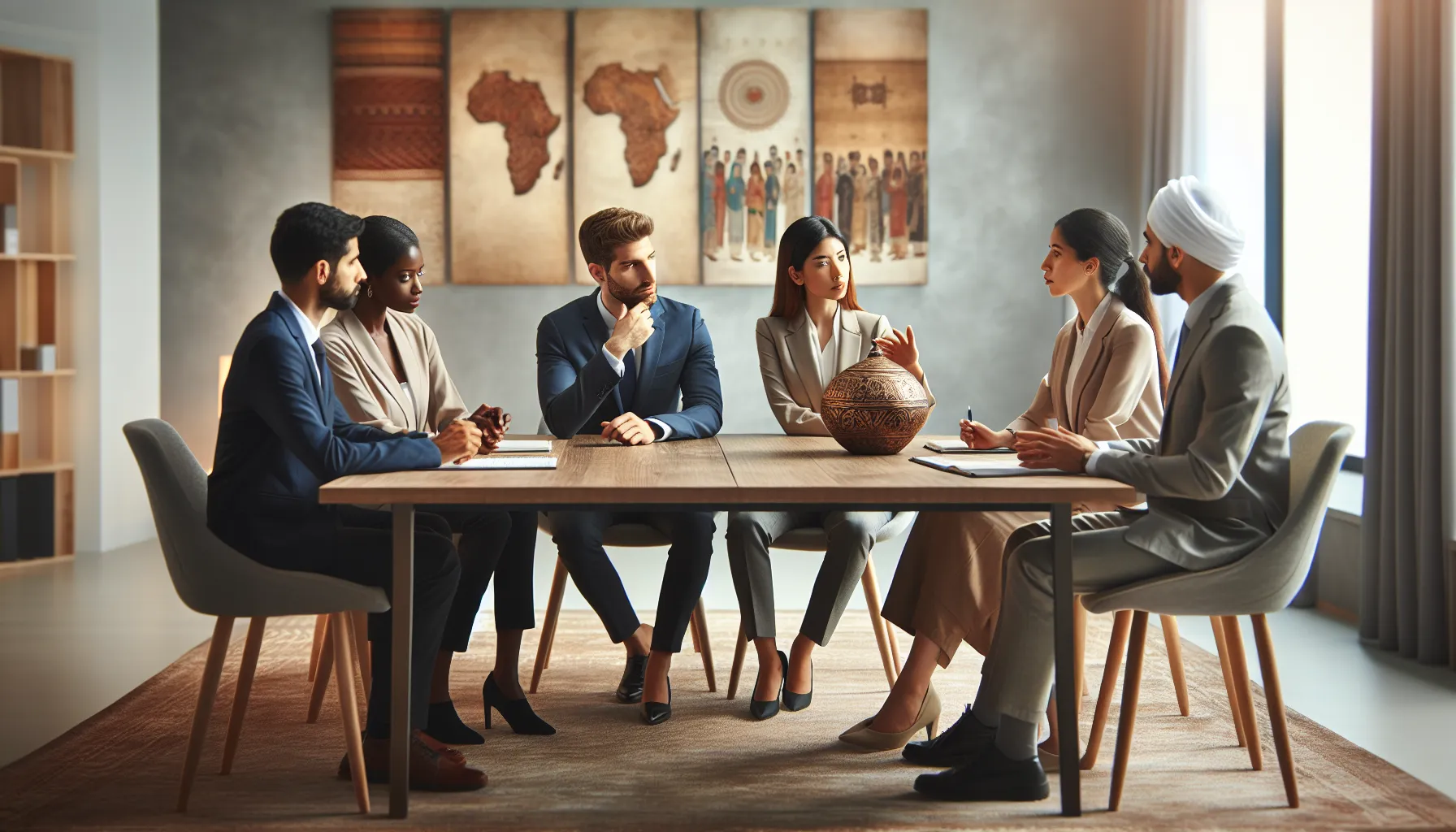 diverse group discussing heritage in a modern office setting.