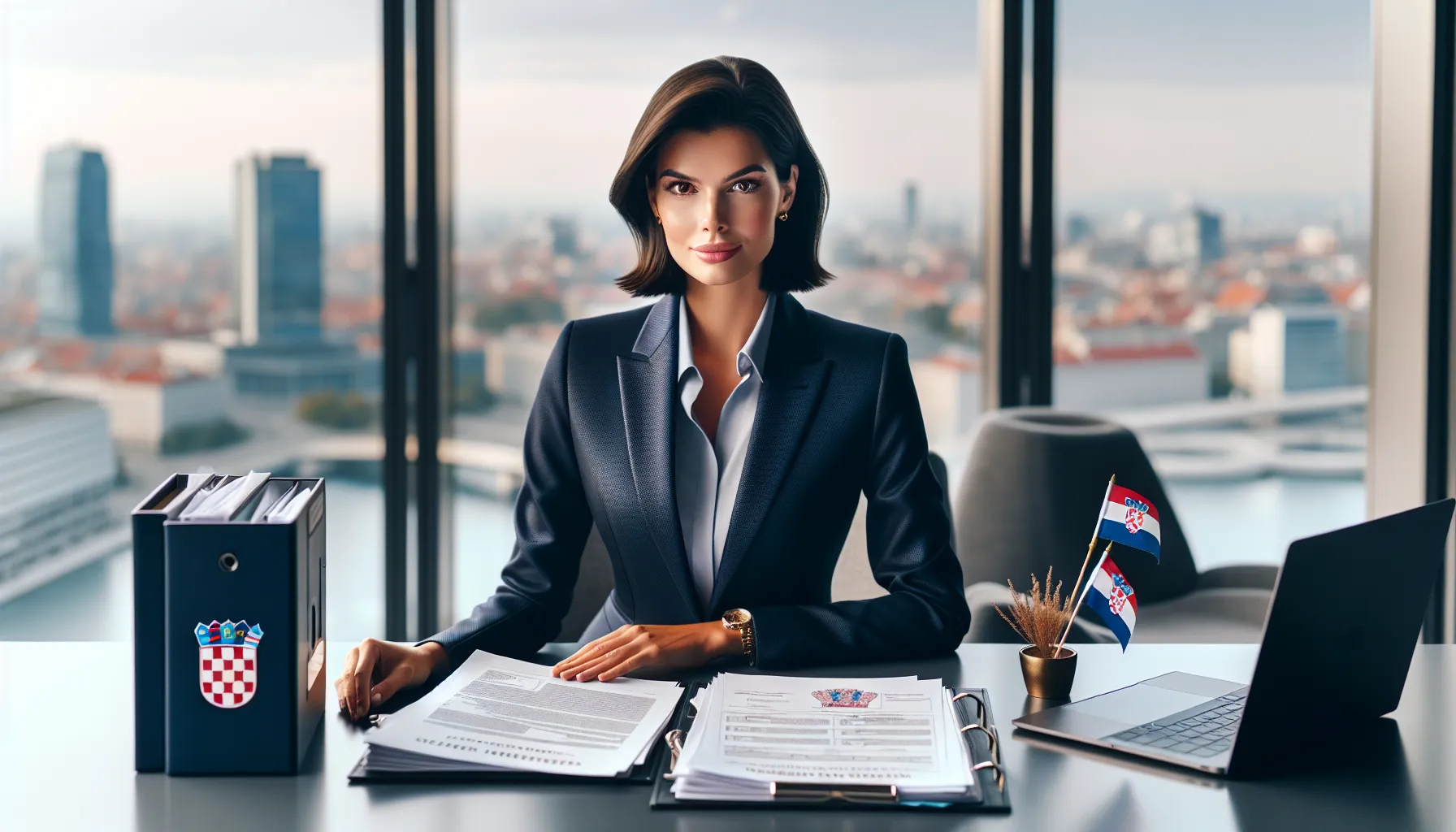 Professional Croatian woman reviewing citizenship documents in modern Zagreb office