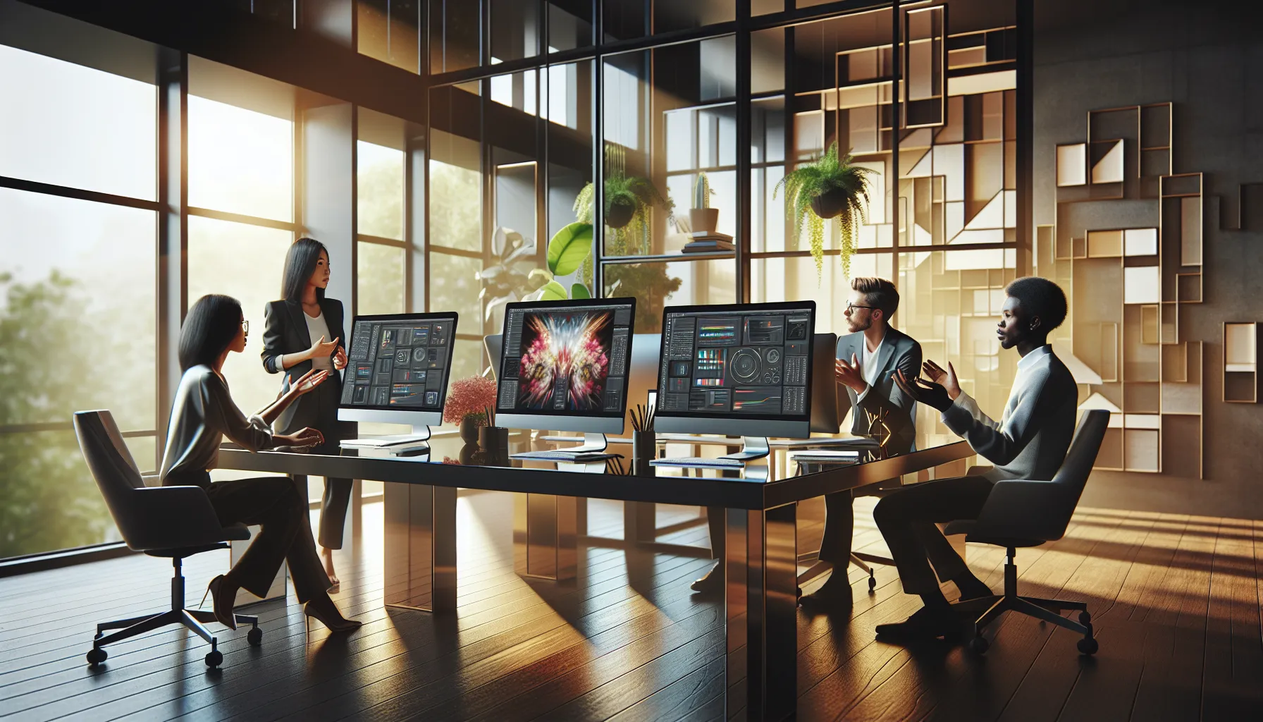 professionals discussing Shotscribus software in a modern office.