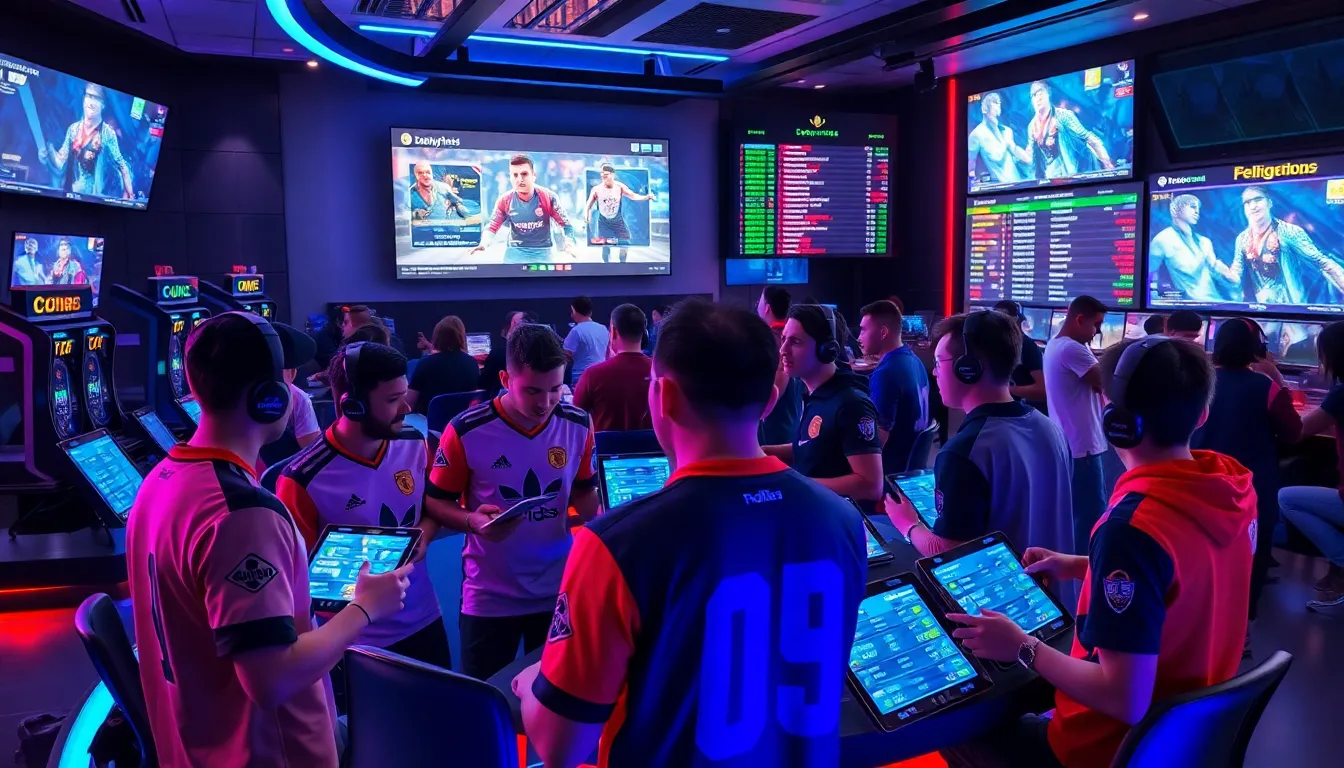 group of esports players analyzing statistics in a modern betting lounge.