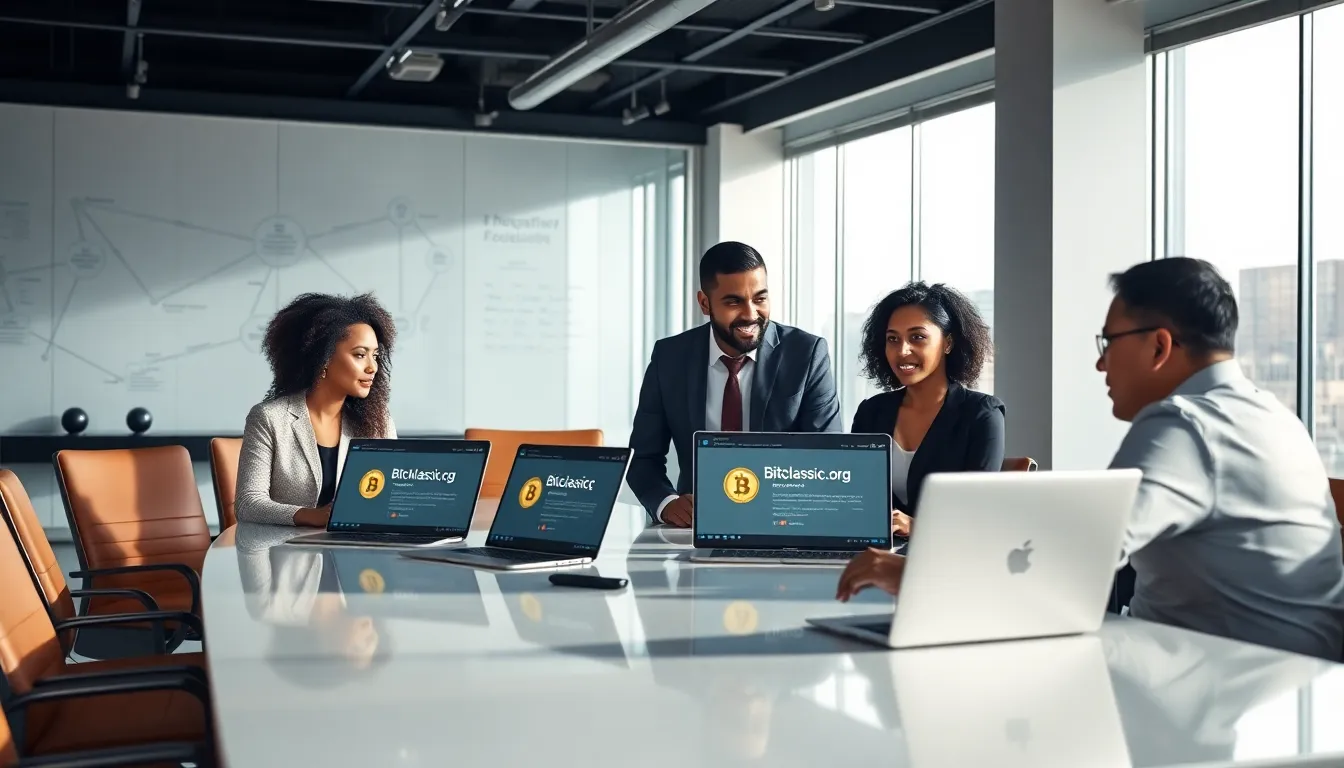 Diverse team collaborating around laptops in a modern office.