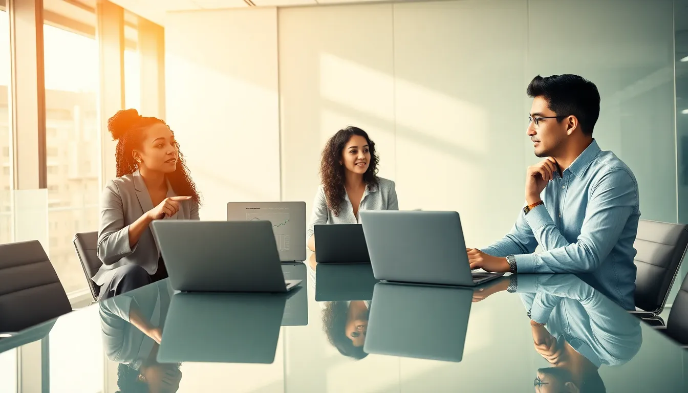 professionals collaborating in a modern office setting around technology.
