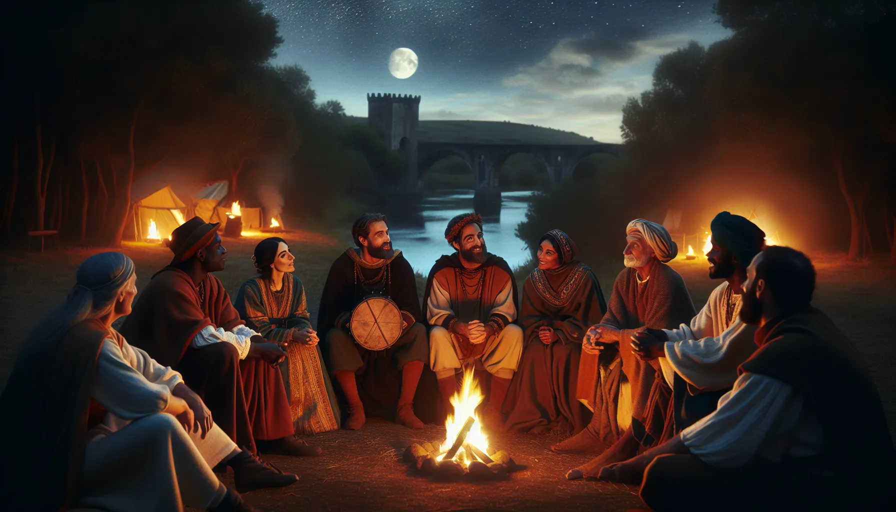 diverse group sharing stories around a campfire in a historical setting.