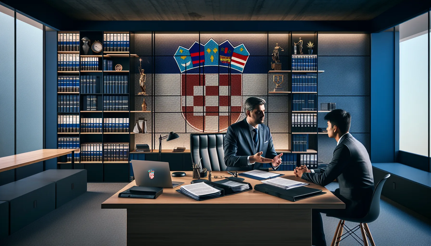 Croatian lawyer consulting client about drug laws in modern office setting