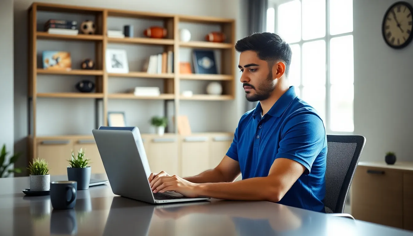 a young man filling out a contact form at a modern office desk.