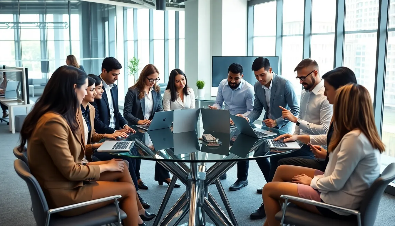 diverse team discussing custom business application development in a modern office.