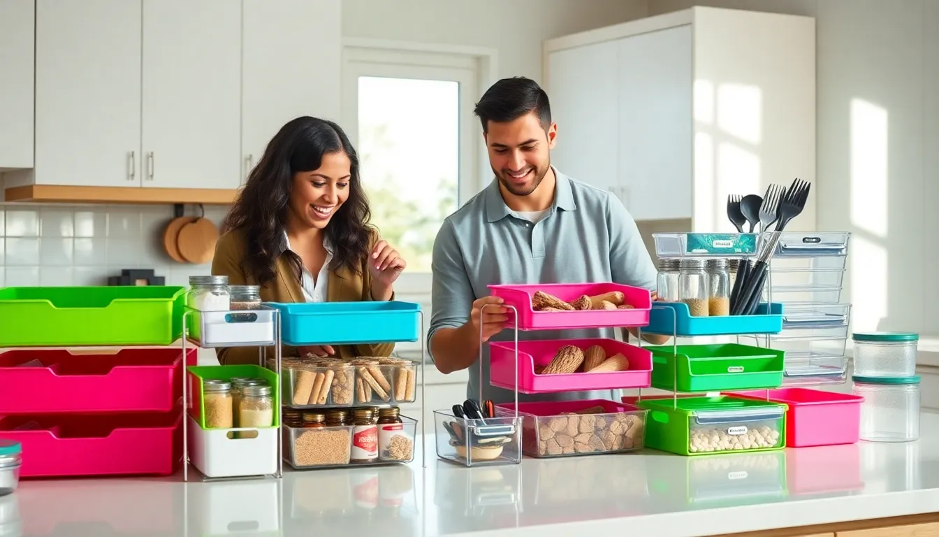 diverse group organizing a kitchen with Dollar Tree products.