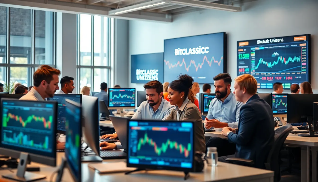 diverse traders collaborating in a modern office with trading technology.