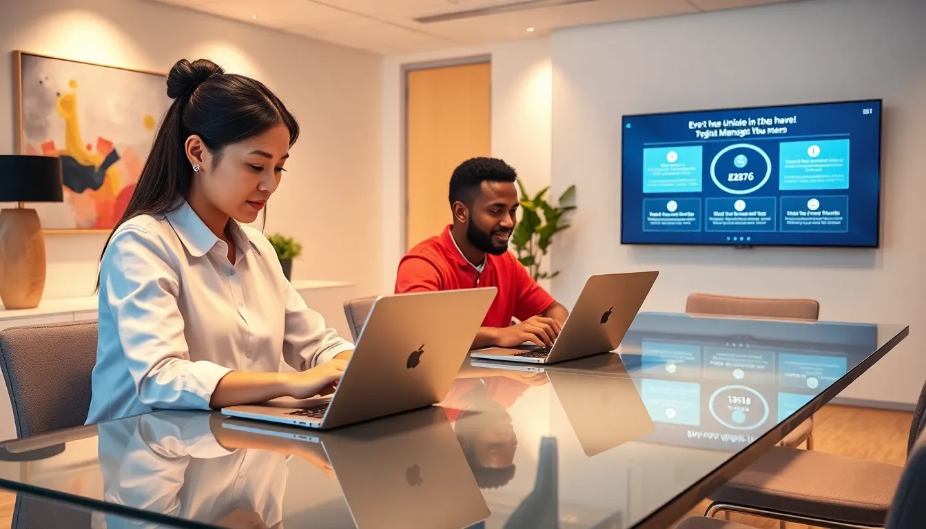 diverse professionals exploring the innovative software Eve2876 in a modern office.