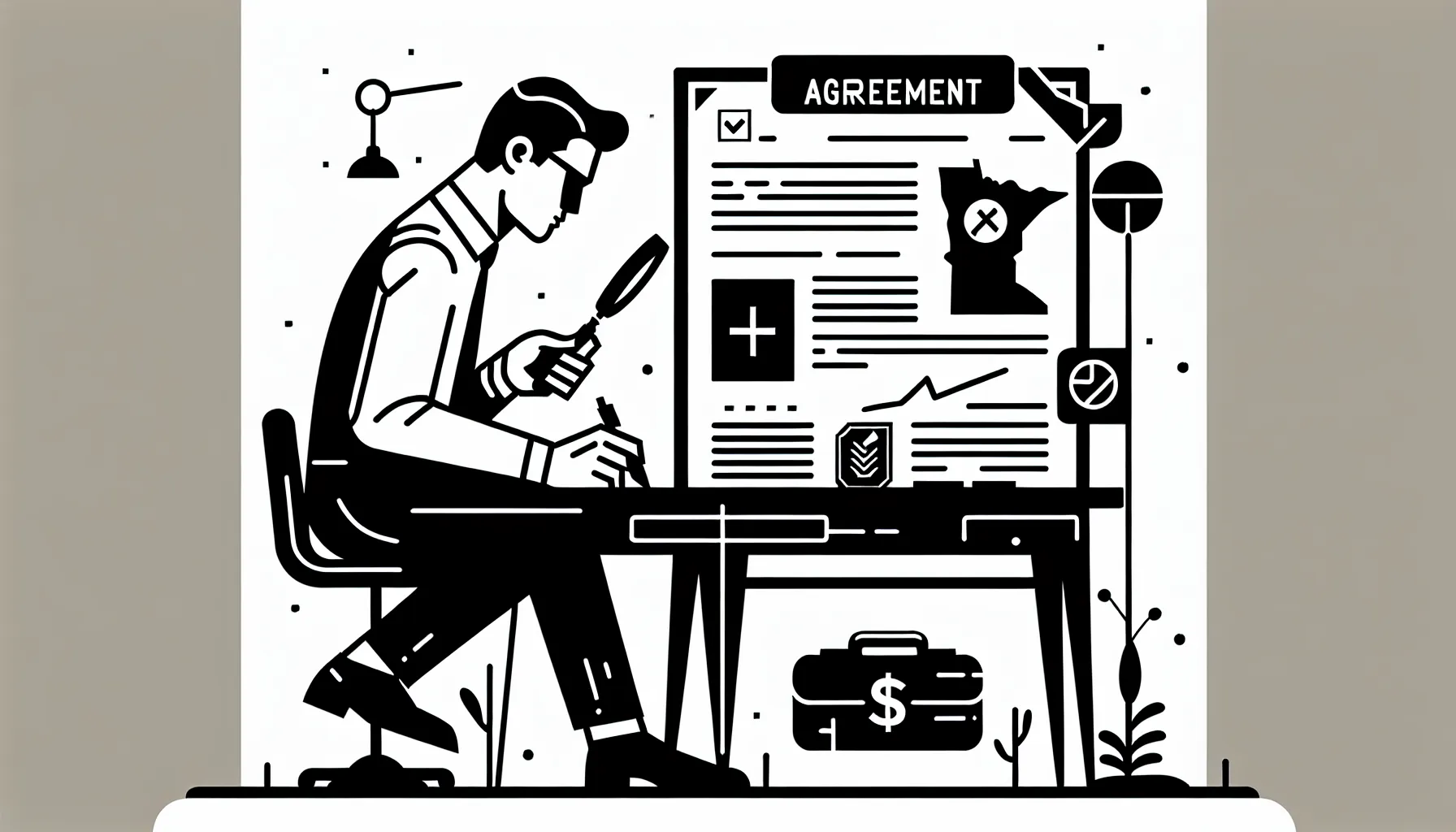 Dentist at desk examining an employment contract with Minnesota map and legal icons of Minnesota Dental Contract Review.
