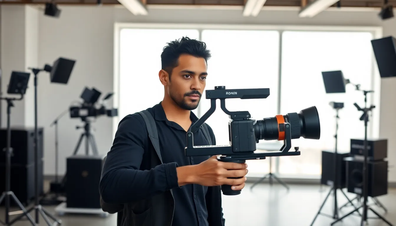 Filmmaker using Ronin RS3 Pro gimbal in a bright studio.
