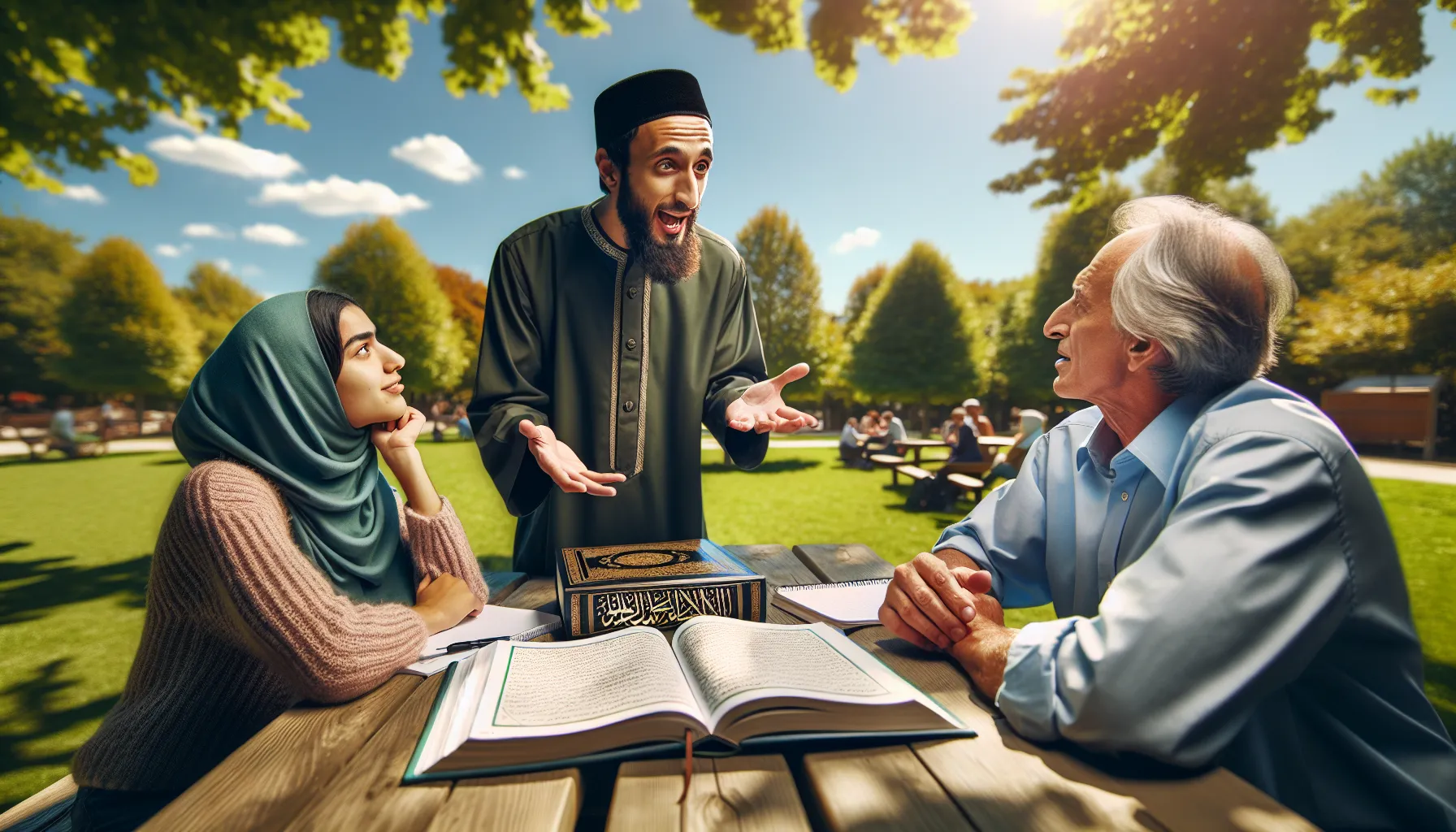 a diverse group discussing the origins of Islam in a park.