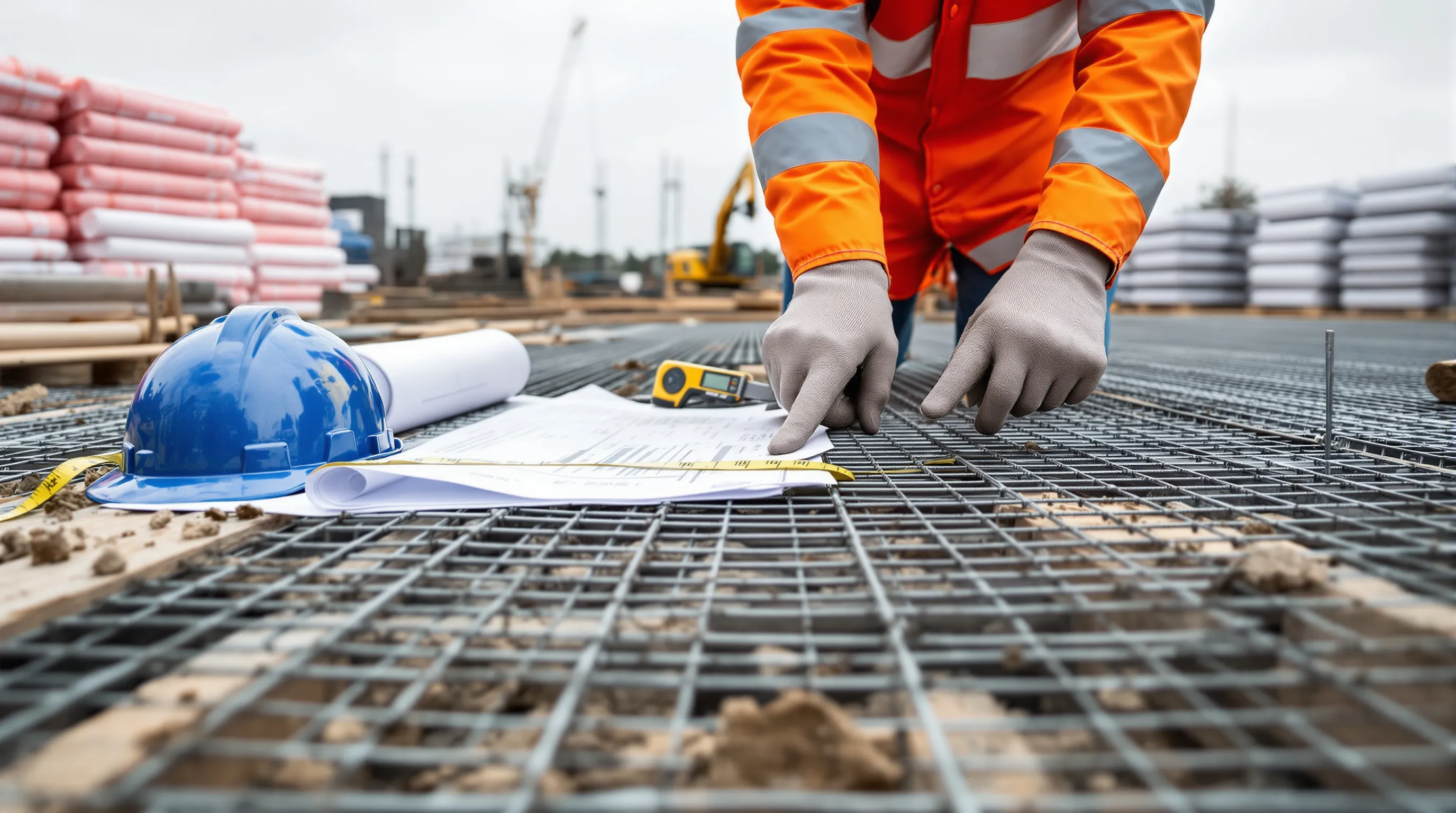 Construction worker examining steel reinforcement mesh specifications at UK building site.