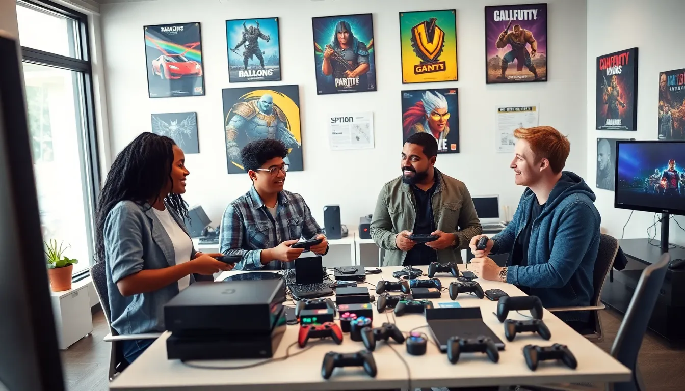diverse group of gamers discussing in a modern workspace.