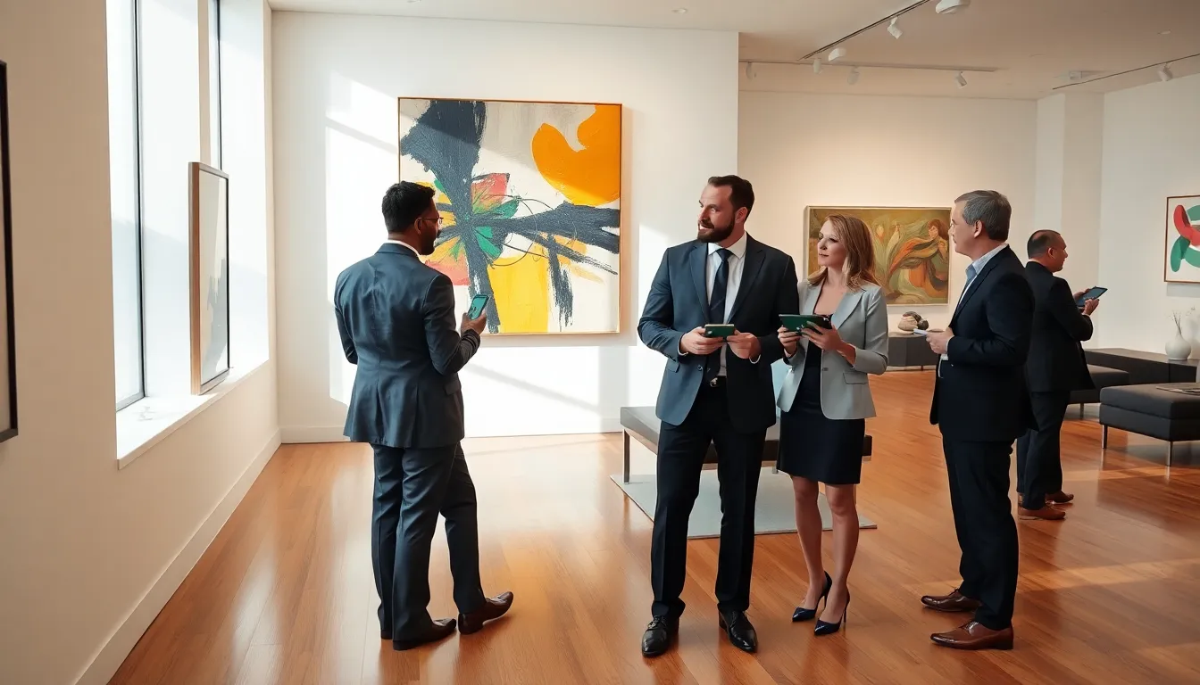 professionals discussing art in a modern gallery setting.