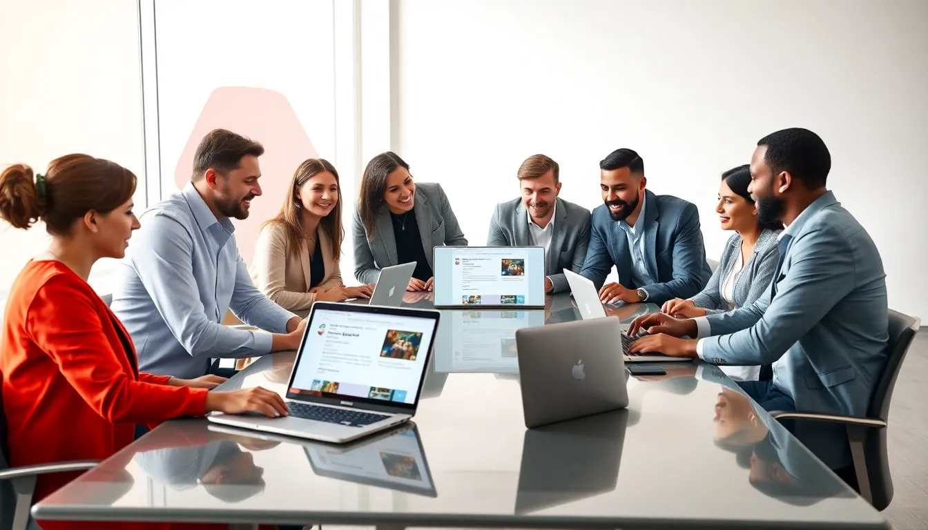 diverse professionals discussing Email @Redwebzine in a modern office.