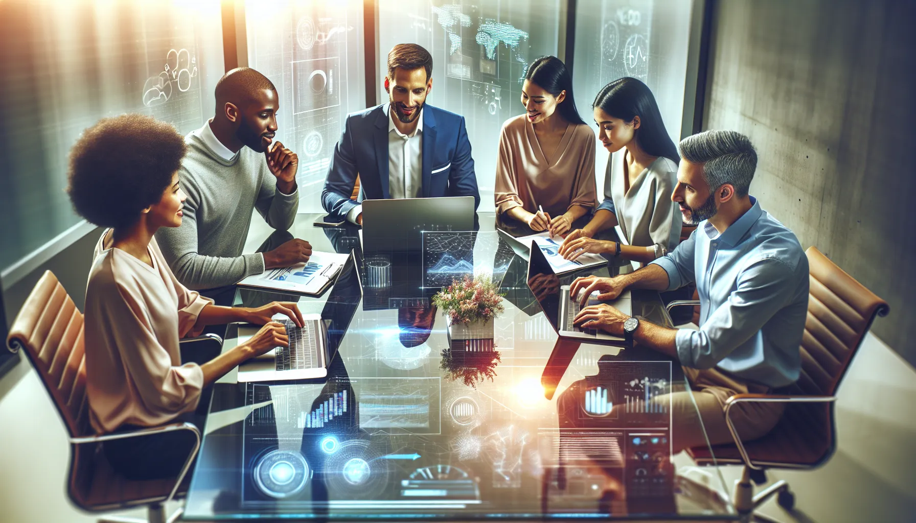 diverse team collaborating in a modern office on data-driven strategies.