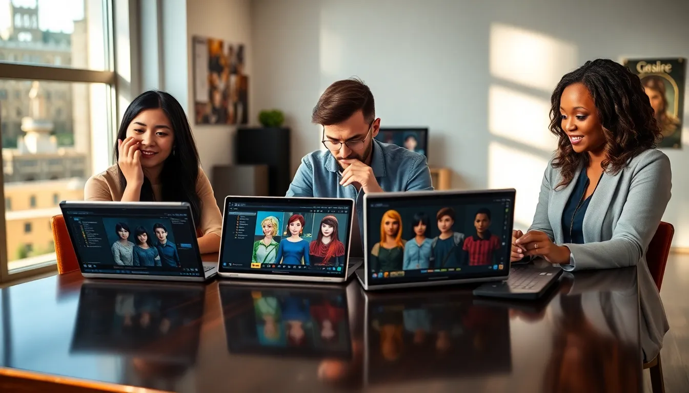 diverse professionals collaborating on character creation in a modern workspace.