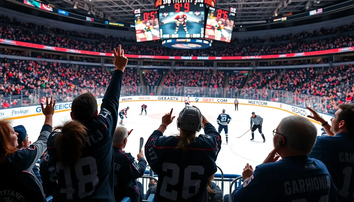 fans cheering at an exciting hockey game in a modern arena.
