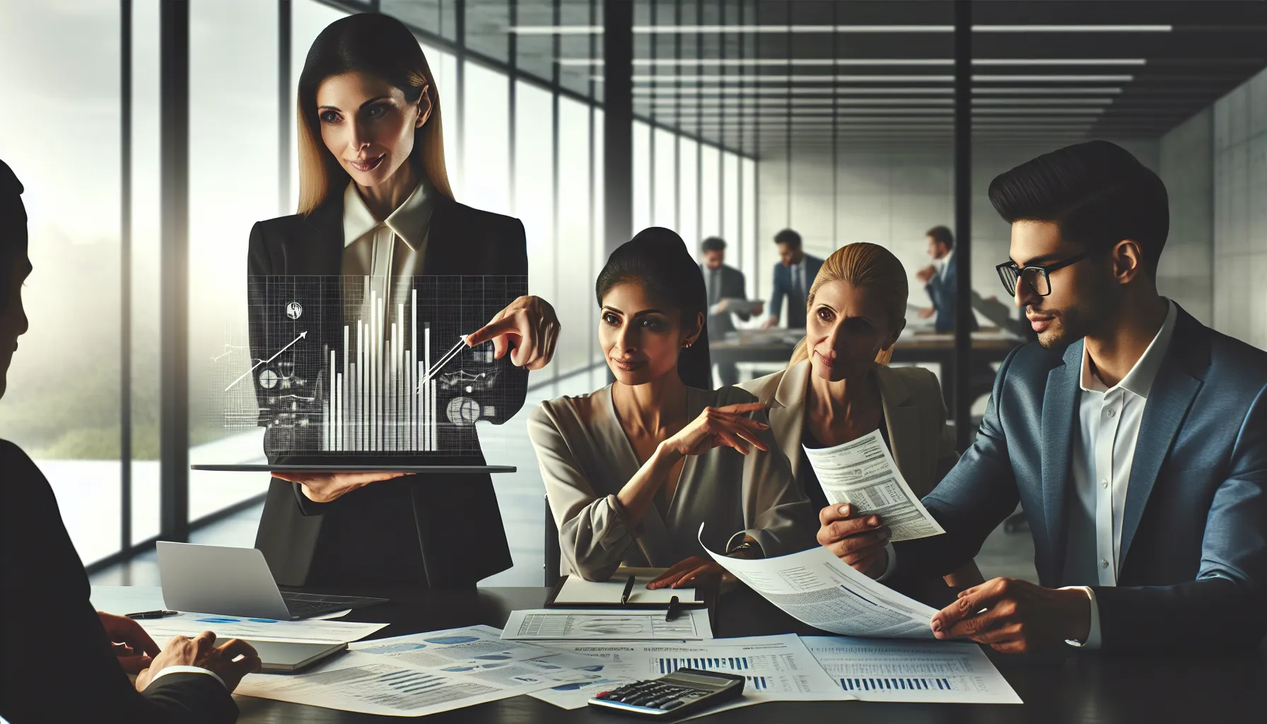 diverse team collaborating on tax calculations in a modern office.