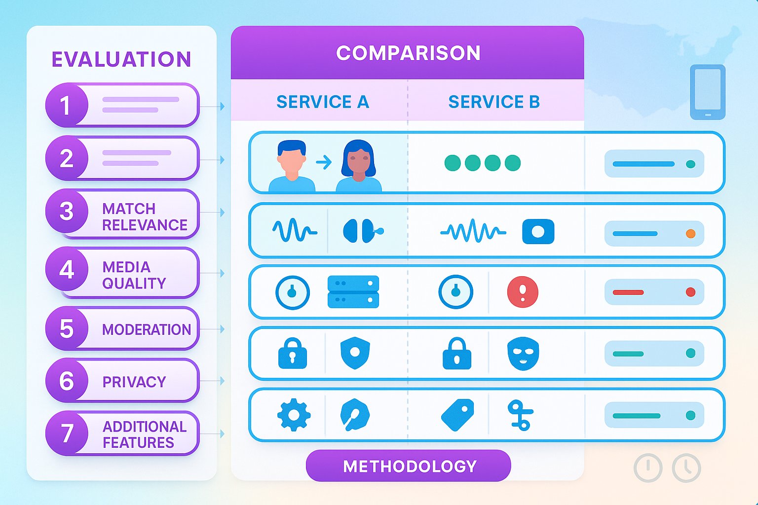 Side‑by‑side matrix showing seven review criteria compared between two chat services.