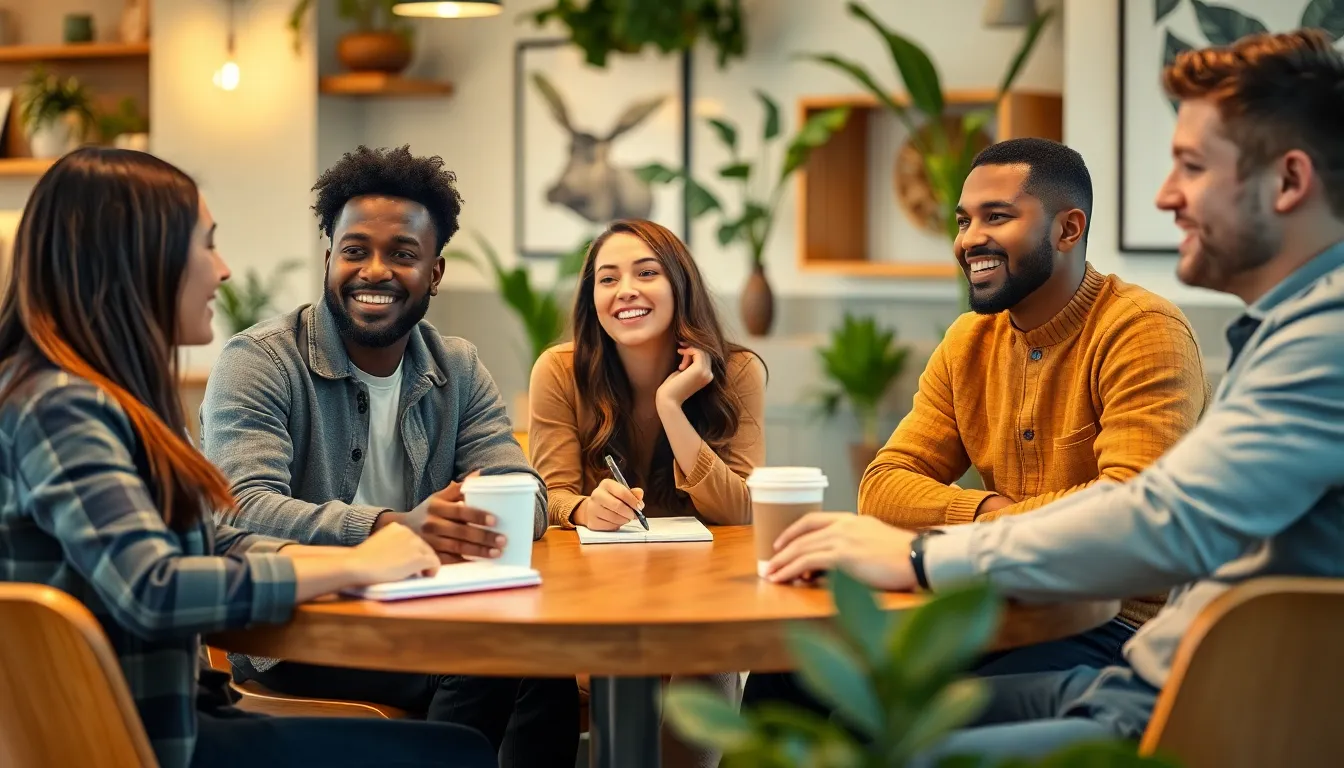diverse group discussing healthy relationships in a cozy cafe.