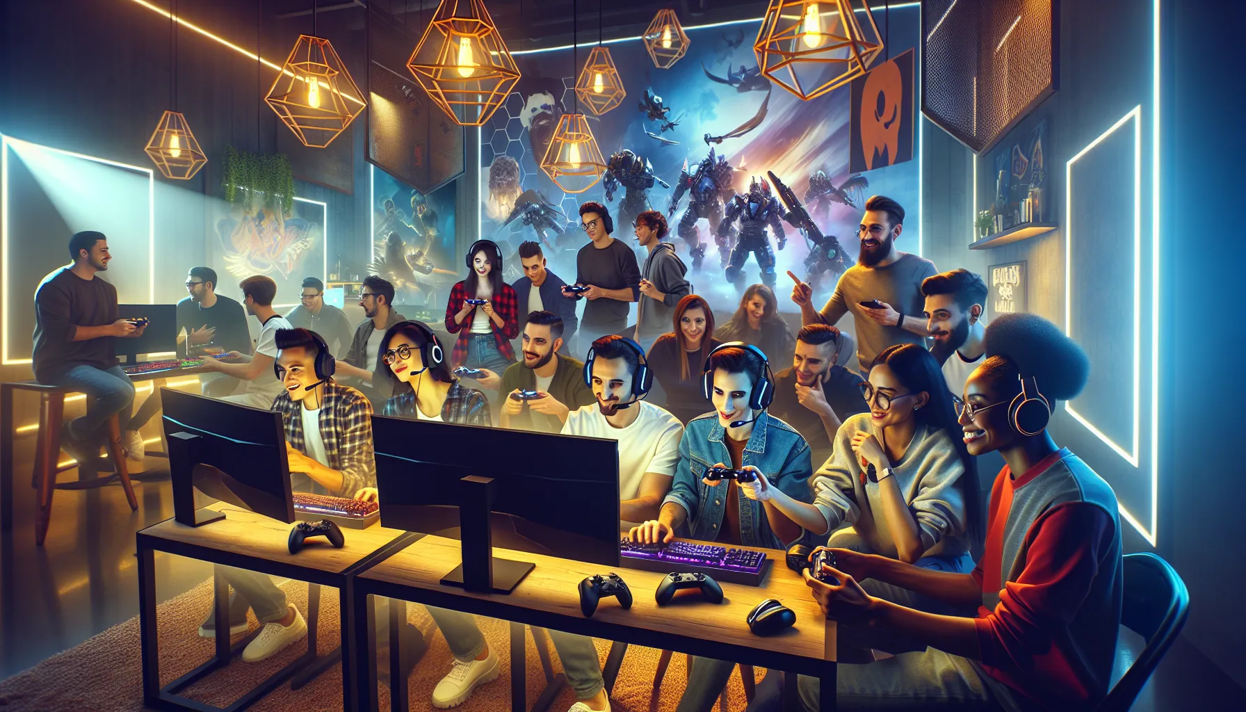 diverse group of gamers interacting in a modern gaming lounge.