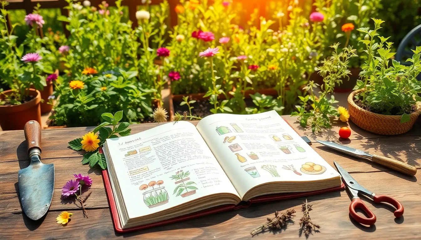 an open gardening journal with tools, flowers, and a lush garden background.