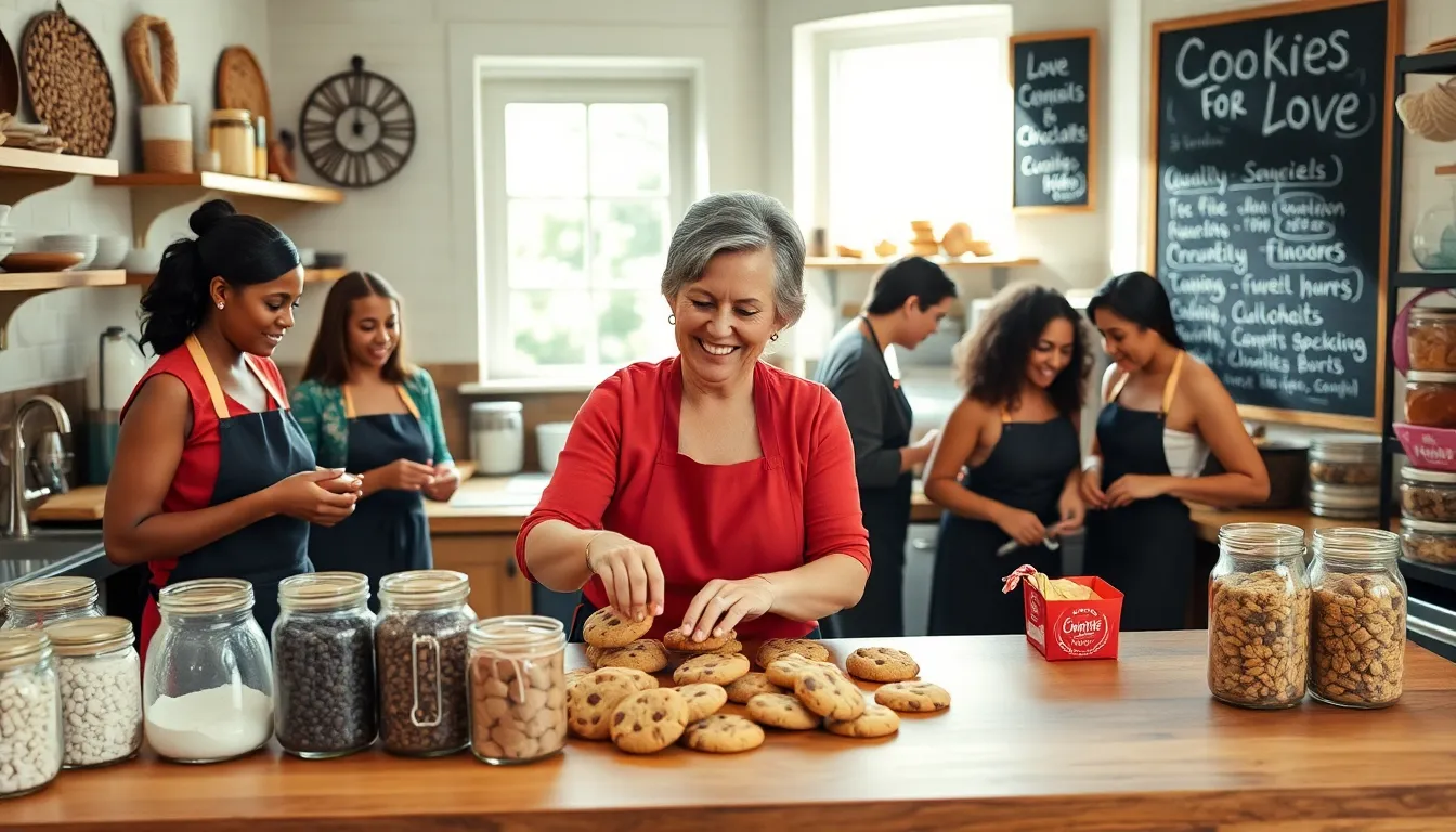 bakers preparing cookies in a cozy kitchen setting.