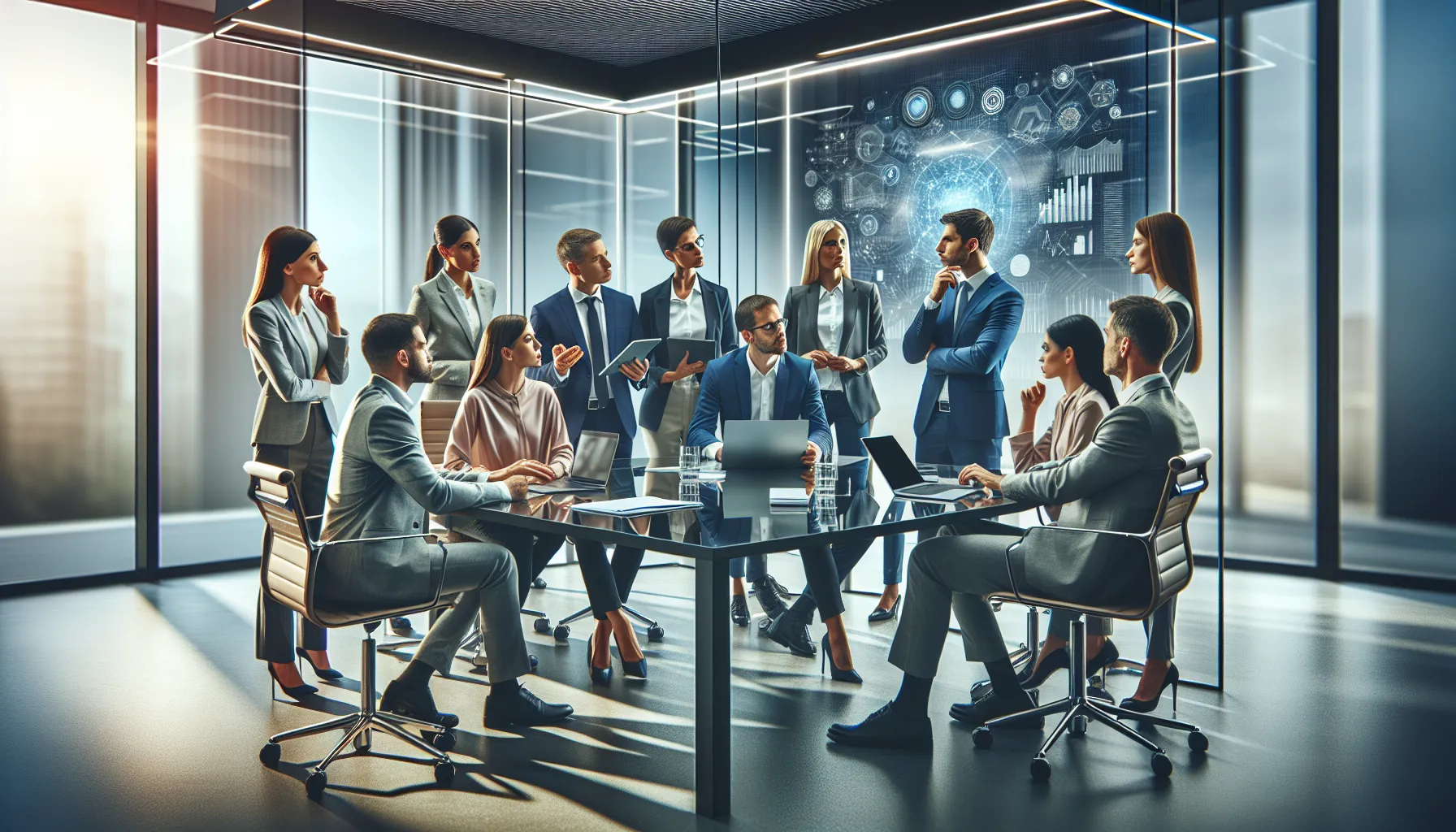 diverse professionals discussing complex technology in a modern office.