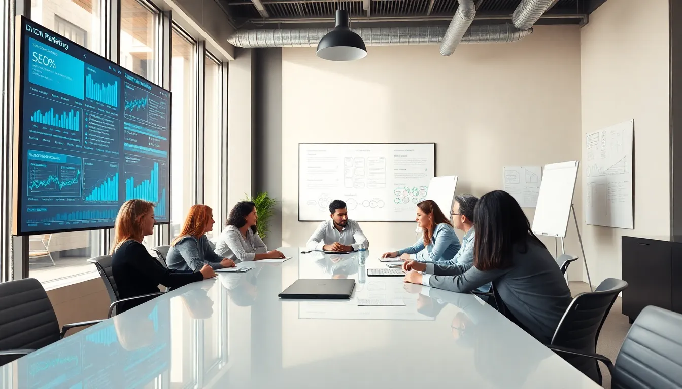 diverse team collaborating on digital marketing strategies in a modern office.