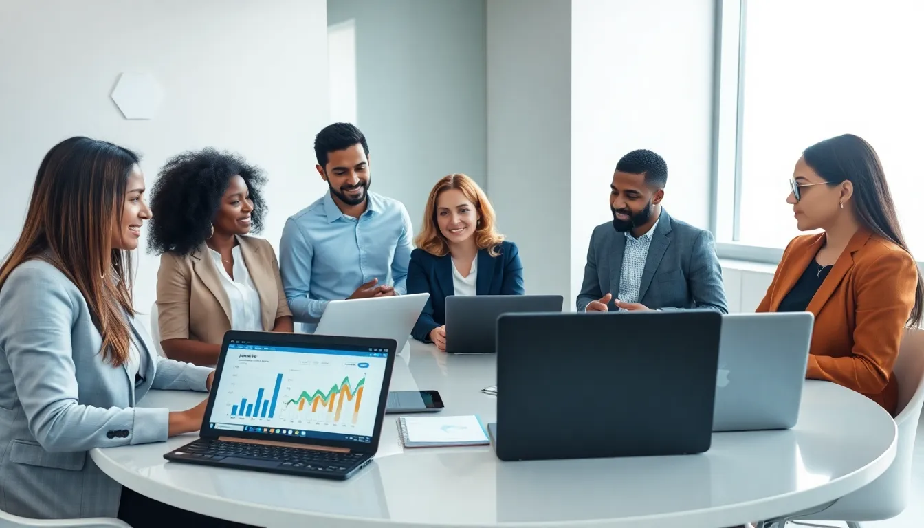diverse team collaborating on digital marketing strategies in a modern office.