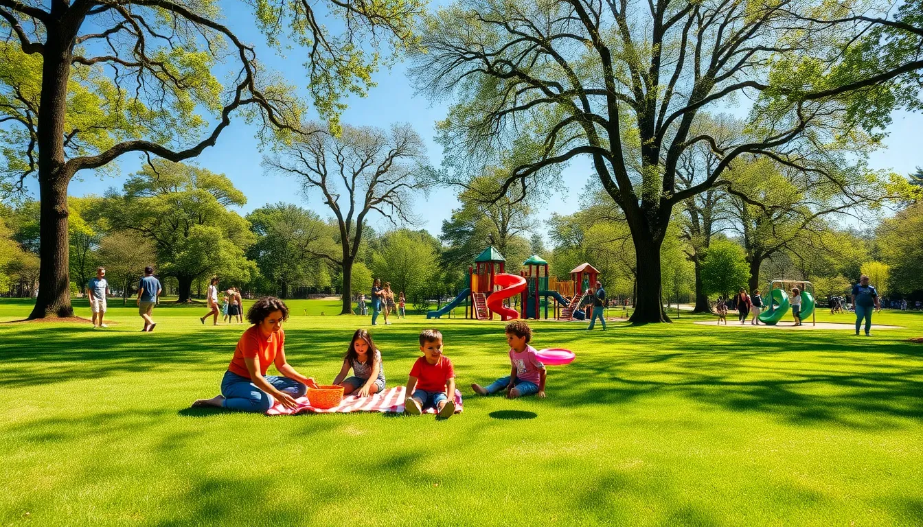 family enjoying a sunny picnic at Piedmont Park in Atlanta.